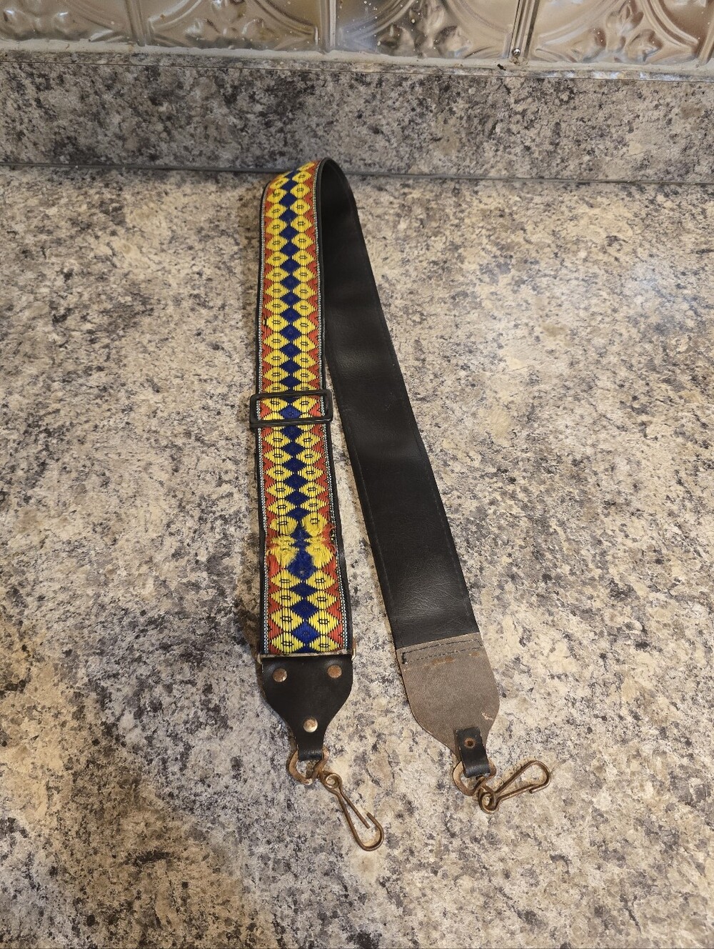 Vintage Ace Leather Guitar Strap Geometric Diamond Shapes Imperfections